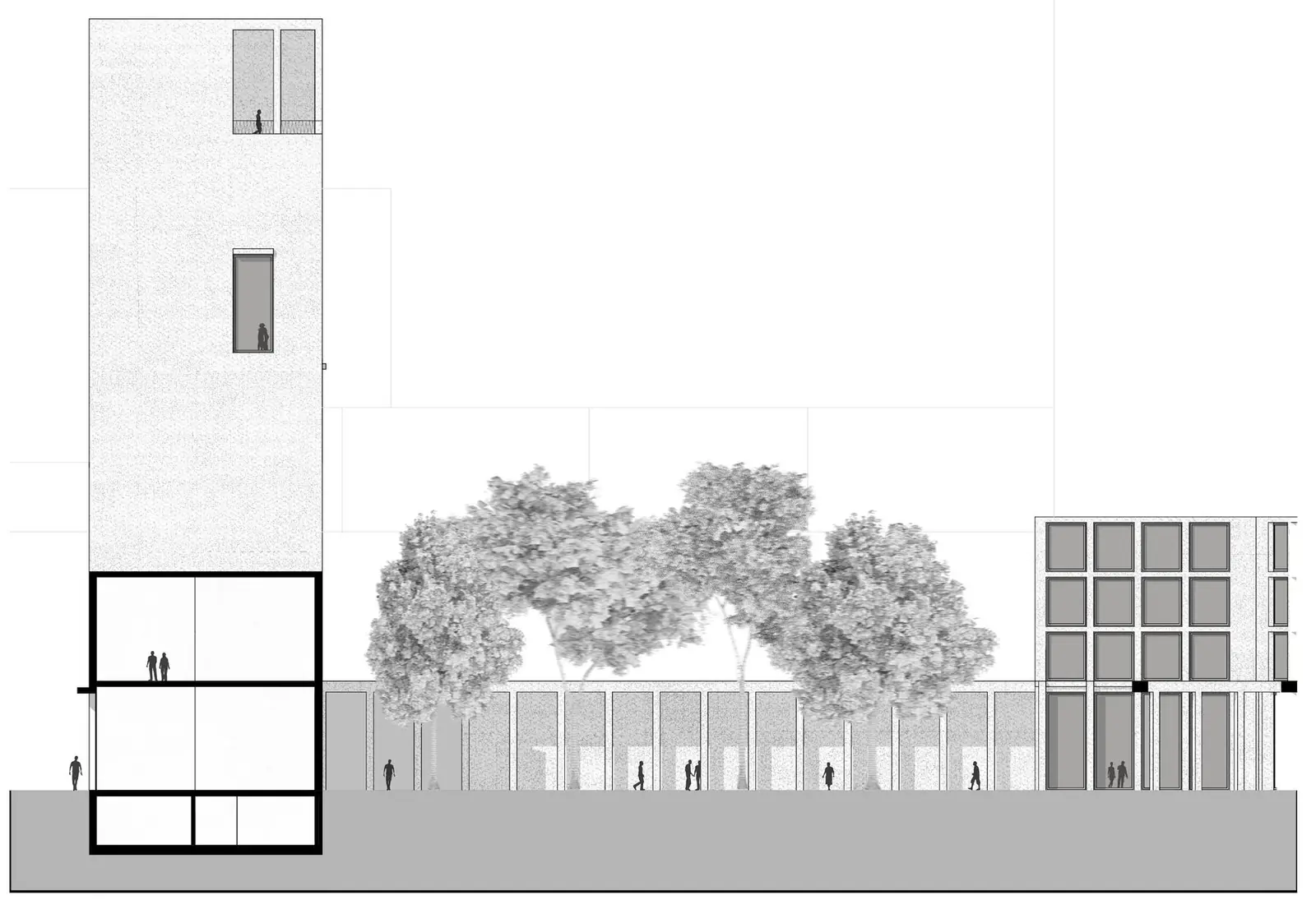 Innenansicht mit Turm, Arkadengang und Bestand