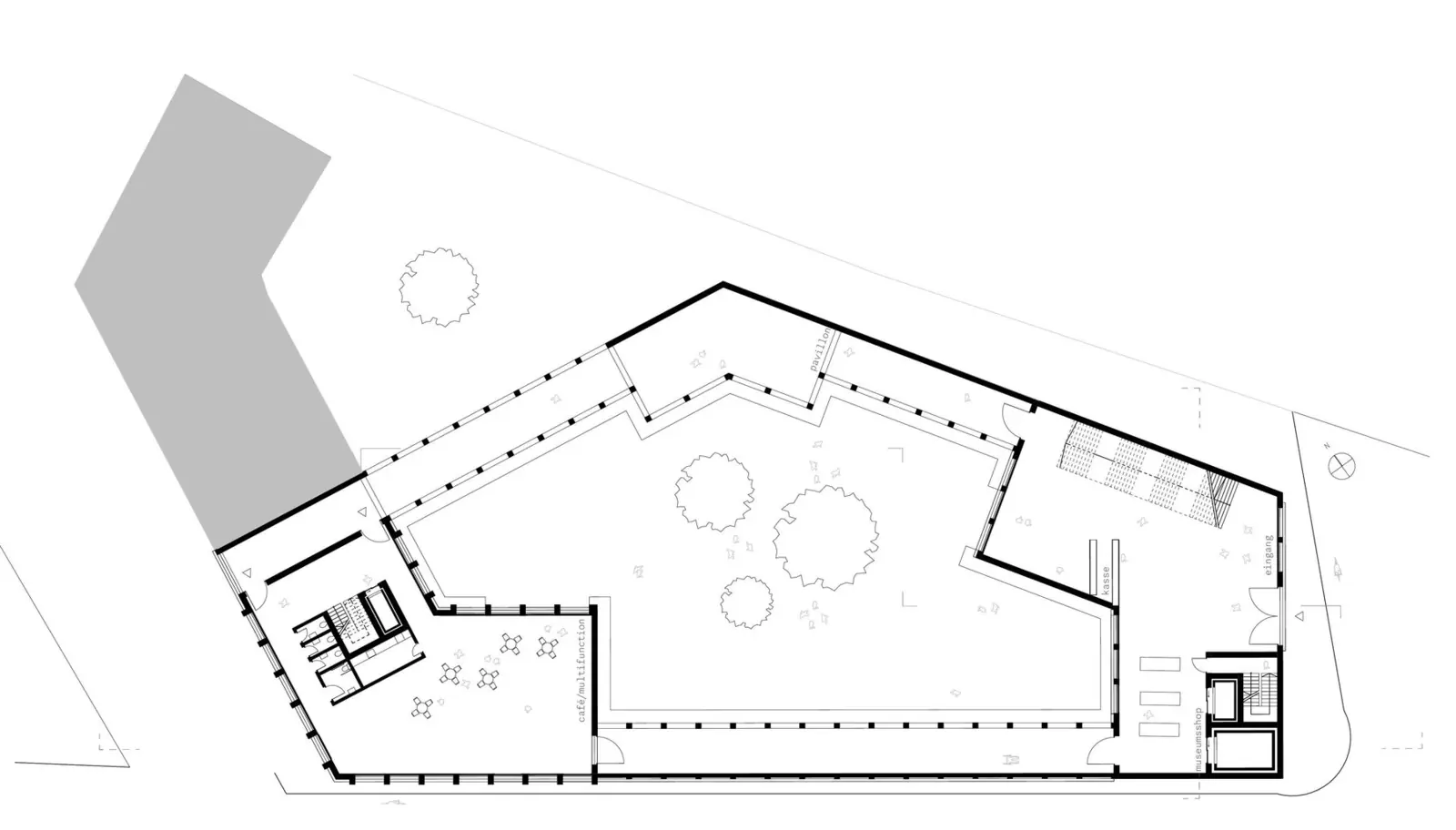 Grundriss Erdgeschoss mit Pavillon, Café und Workshopräumen