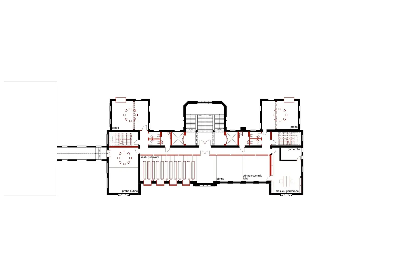 Grundriss 2. Obergeschoss mit Saal, Bühne und Garderoben