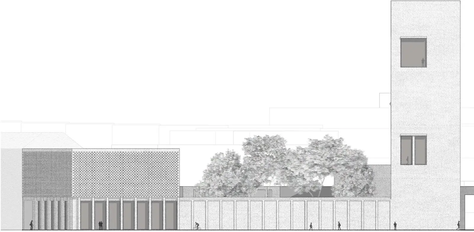 Straßenansicht mit Turm und Filtermauerwerk